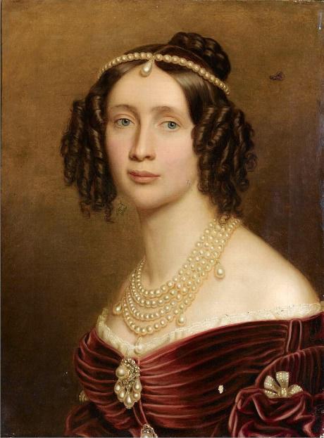 A painting depicting a young woman elegantly dressed in a flowing gold gown, exuding grace and sophistication.